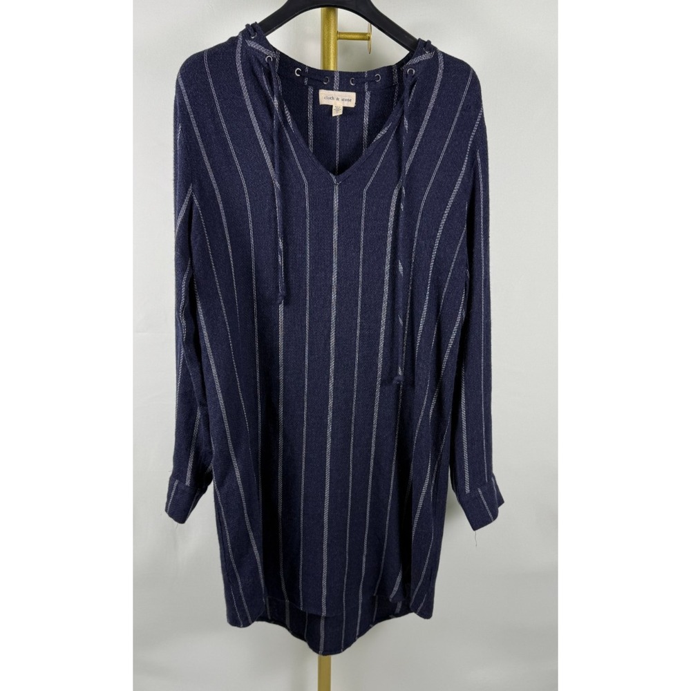 Cloth‎ & Stone Striped Tunic Dress Navy Blue Long Sleeve Rayon L Large